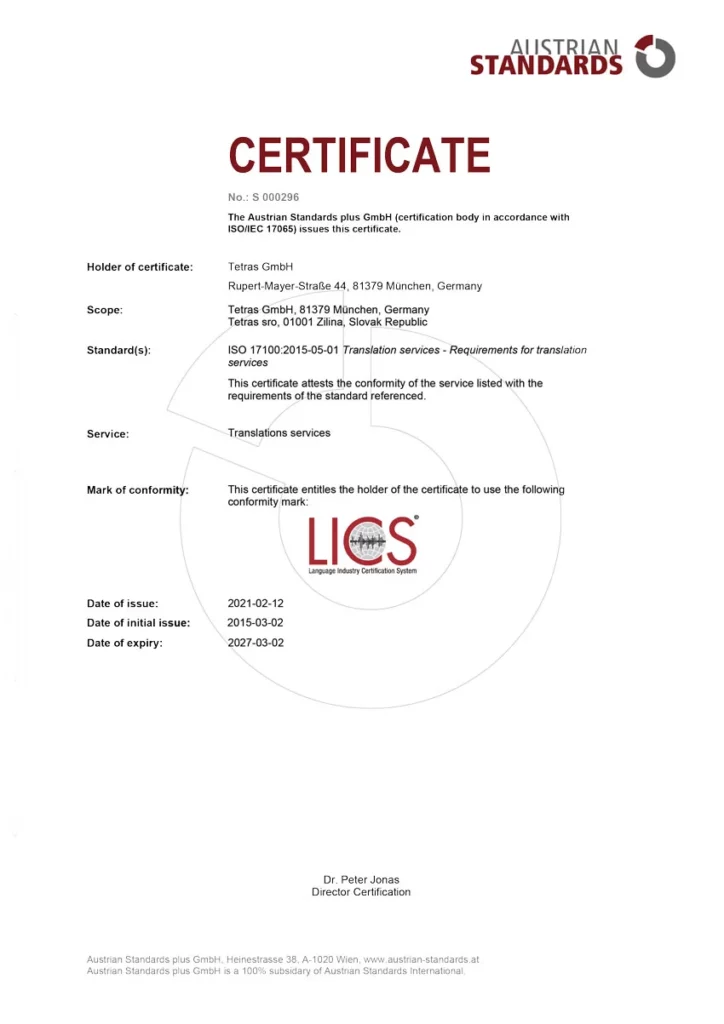 ISO 17100 certifikát